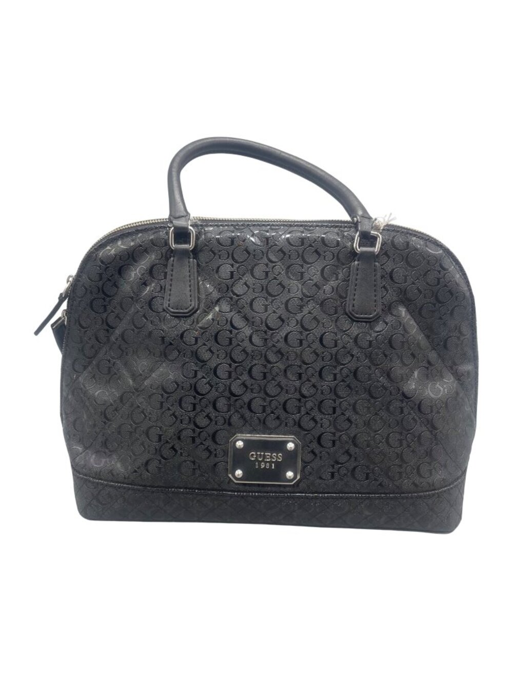 Guess Black Monogram Dome Satchel Bag With Double Handles & Zipper Closure READ